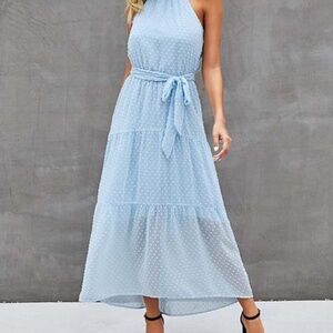 light blue, sleeveless halter-neck maxi dress
